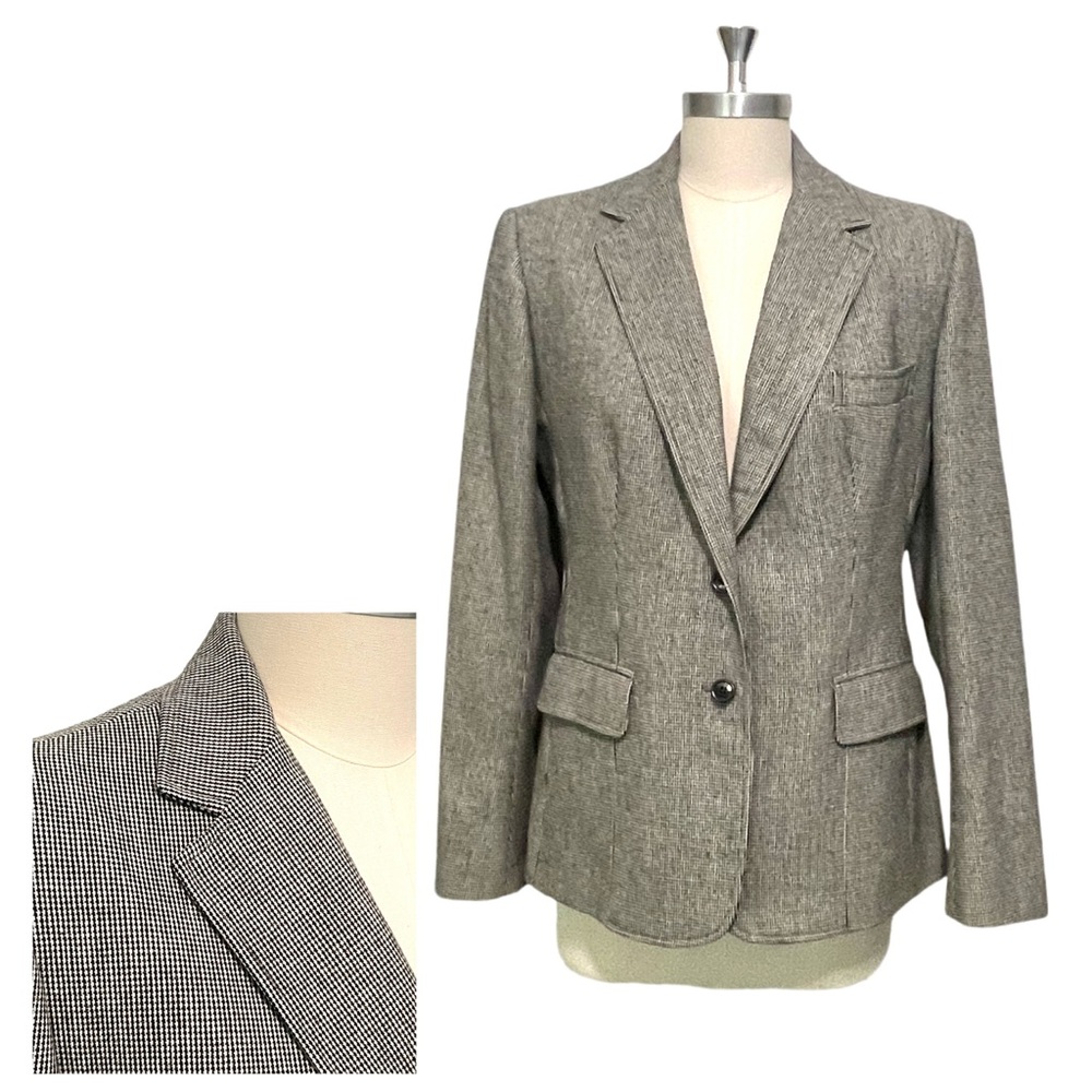 Evan-Picone Vintage Fitted Blazer Houndstooth Black Gray Size 14 Classic Career